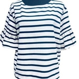 J. Crew Navy and White Short Ruffle Striped Top Size S